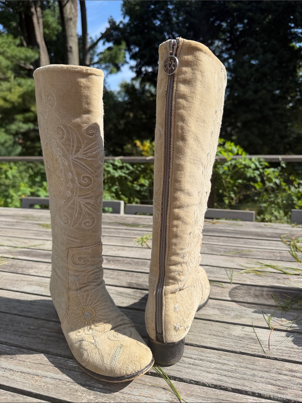 Embroidered Beige Knee-High Heeled Boots
